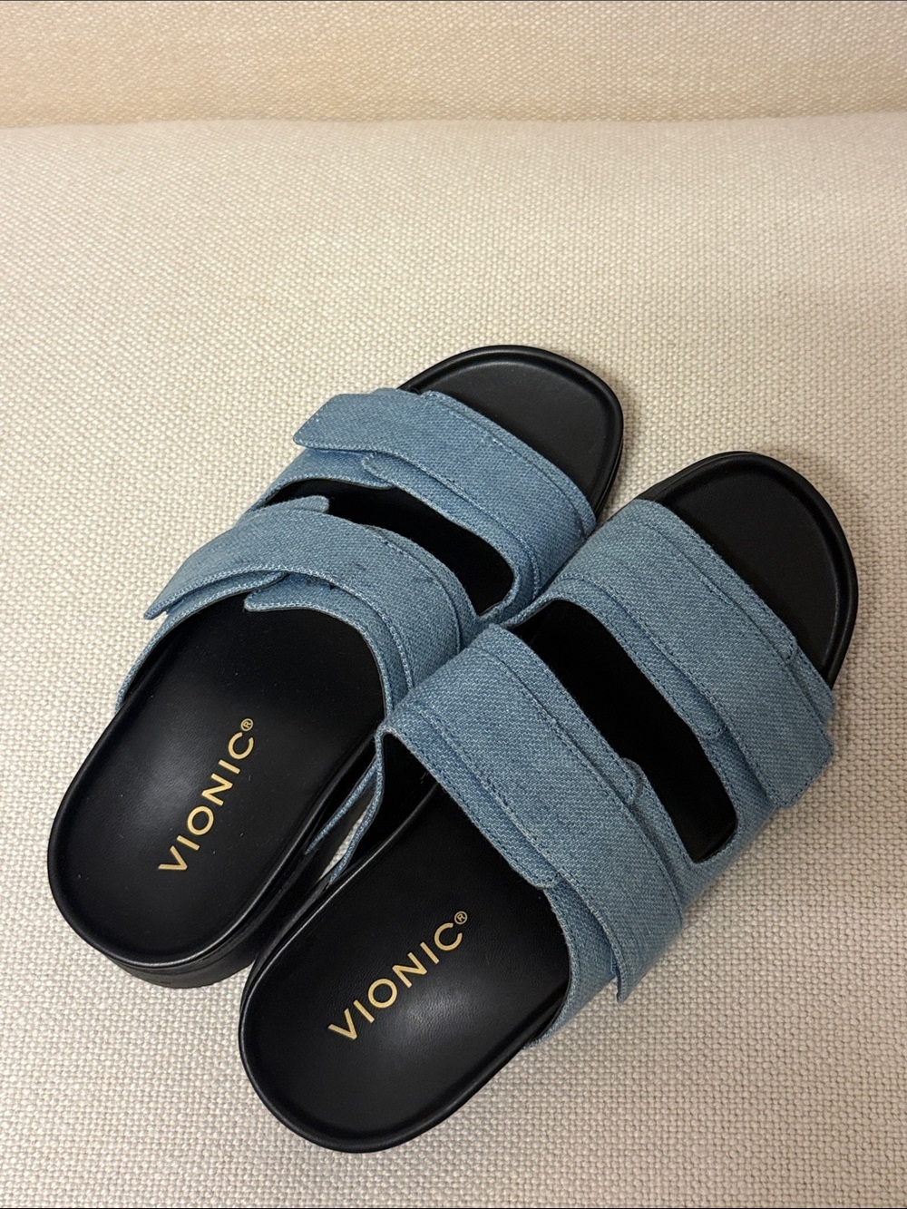 Vionic Women's Blue Double-Strap Denim Slide Sandals